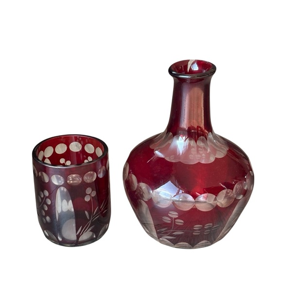 Vintage Bohemian Czech Glass Tumble-Up Bedside Water Carafe Ruby Cut to Clear - Picture 2 of 8